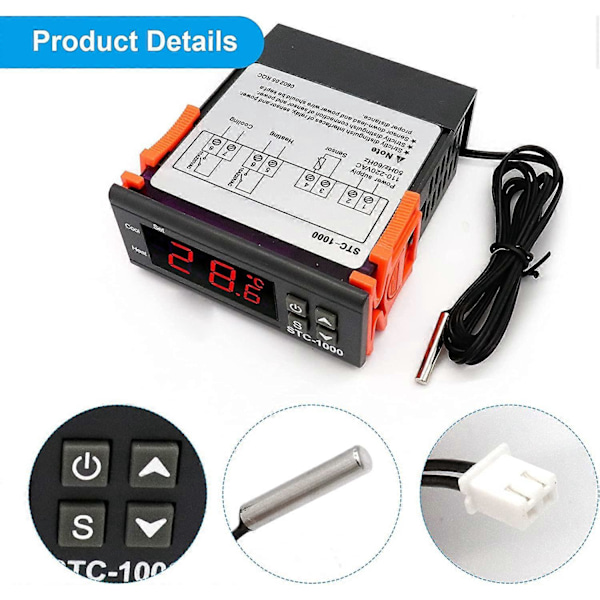 STC-1000 Digital Temperaturregulator 10A LED Display Temperaturregulator Termostat med Sensor (DC 12V)