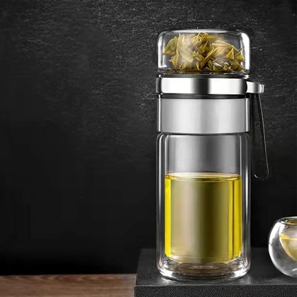 Glas Transparent Te-flaska Bärbar Te Vattenflaska Te och Vatten Separationsflaska Stålfärg