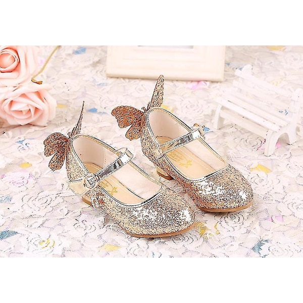 Glitter Prinsesse Piger Høj Hæl Læder Sko Guld Sommerfugl 3D33229