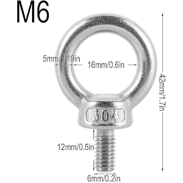 6st M6 12mm Lyftögla, 304 Rostfritt Stål Öglebultar, Ringögla för Lyft och Diverse Ingenjörsmässig Lyftutrustning (m6x12mm)