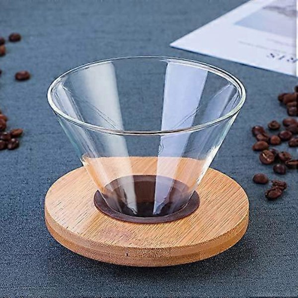 Transparent Kaffedroppare i Glas Kaffefilterhållare Kaffefilterkon med Träplatta Kaffetrat