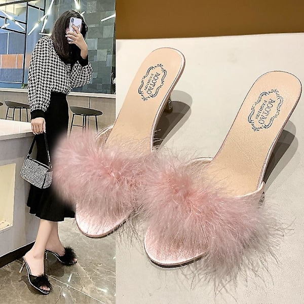 Damtofflor Kitten Heels Fuzzy Tofflor Mules Slide Sandal