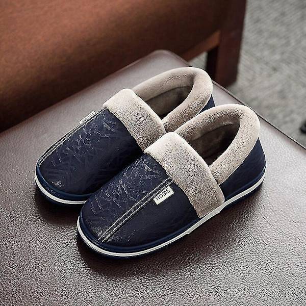 Vinter Vandtætte Herre PU Læder Tøfler - Stor Størrelse, Indendørs Hjemmesko med Pelsfor, Parrets Flade Slip-on 50-51(passer 49-50) Blå-B