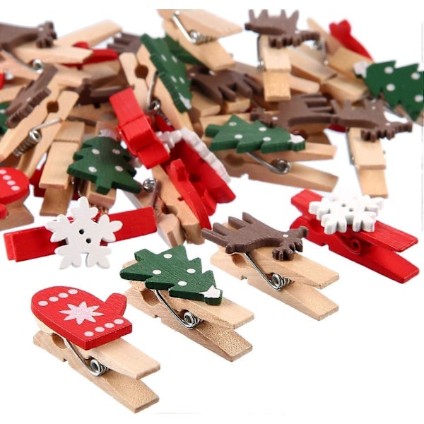 Jul Träklämmor 100 Stycken Mini Trä Klädnypor (Julgran, Snöflinga, Ren, Handskar)