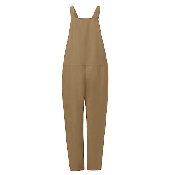 Casual Løs Bomuld Linned Kvinders Overalls Jumpsuit M Khaki