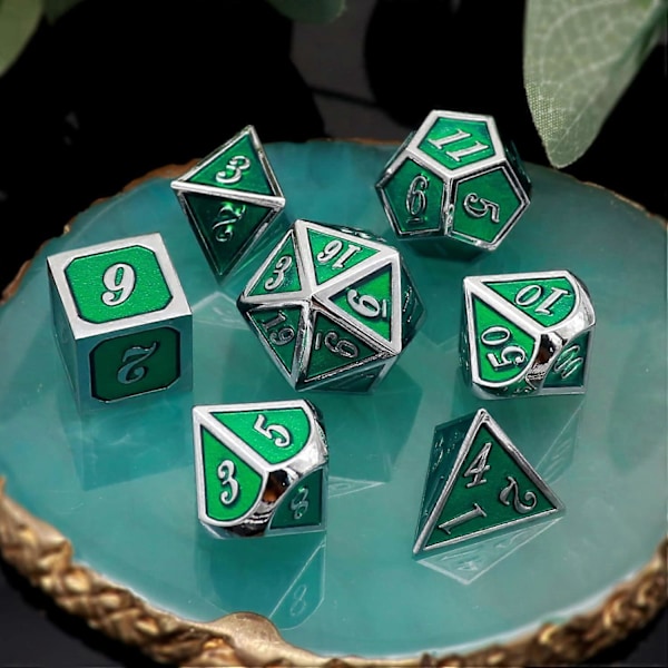Blodfläckat Metall DND Tärningsset Blodfläckade Tärningar D&D Polyedriska RPG Tärningar (Silvergrön)