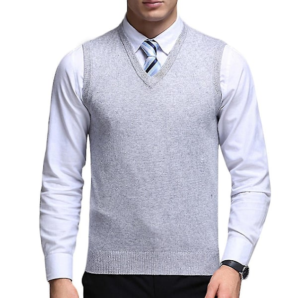 Solid strikket V-hals vest for menn casual høst XL lys grå