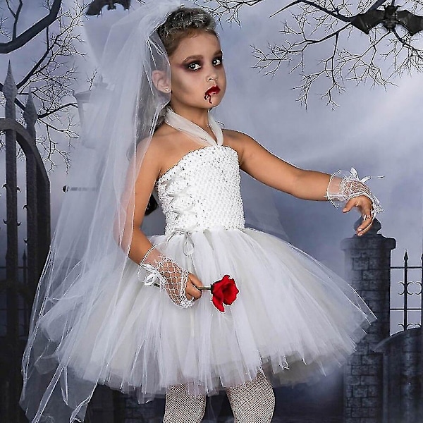 Halloween Spøgelsesbrud Kostume til Teenagere Piger - Tutu Kjole med Handsker og Slør - Cosplay Fancy Dress Up til Børnefest L 6-7 År