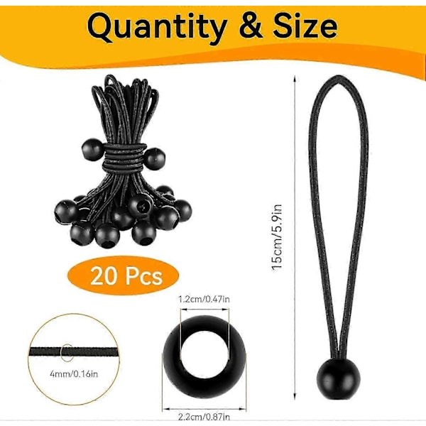 20 Stykker Bungee Strammer, 150mm Fleksibel Bungee Elastik, Kugle Bungee Strammer, Holdbare Bungee Snore, til Bannere, Presenninger, Camping, Telte (Sort)_