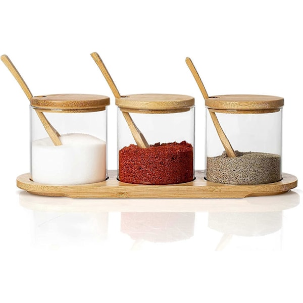 300 ml Glas Krydderiglas med Bambuslåg og Skeer - Sæt med 3 Glas Krydderiopbevaringsglas med Base - Glas Køkkenbeholdere til Krydderi, Salt, Su