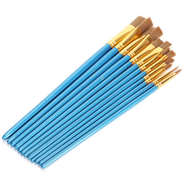 12 stk. pensel sæt flad spids nylon uld blå stang træ aluminium rør maling pen