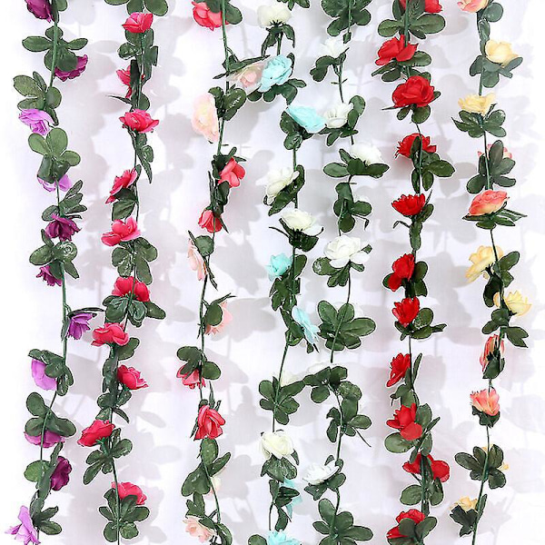 5 stk Kunstig Falsk Rosekrans Slynger Hengende Silkeblomster Kunstig Blomsterkrans med Grønne Eføyblader for DIY Hjem Utendørs Bryllupsfest Hage