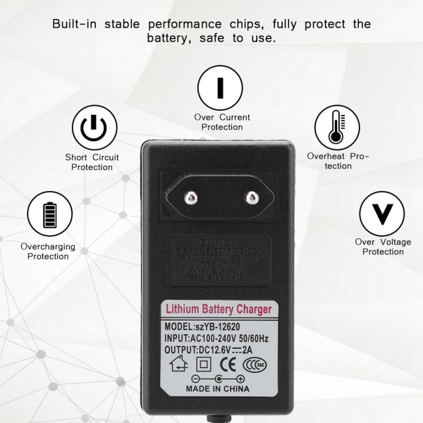 DC 12,6V 2A strømforsyningsadapter Erstatningslader for litiumionbatteri 100-240V EU-plugg