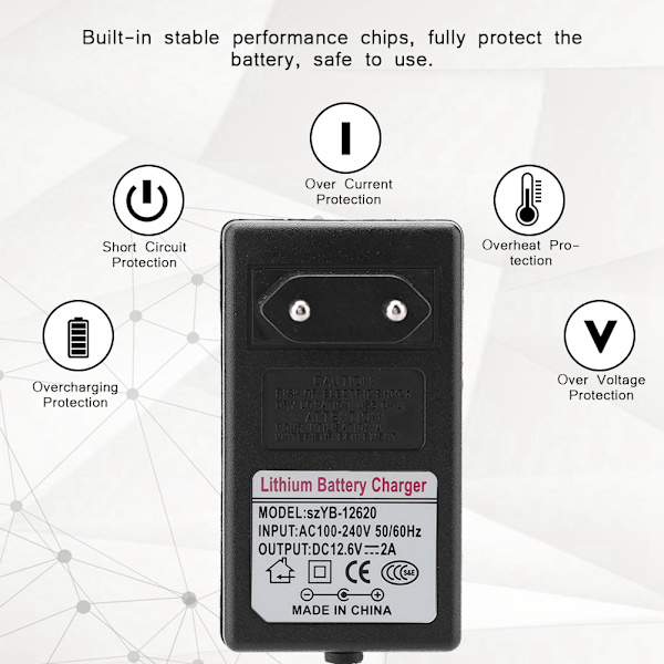 DC 12,6V 2A strømforsyningsadapter Udskiftningsoplader til lithium-ion-batteri 100-240V EU-stik