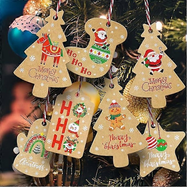 100 Stycken Kraftpapper Julklappsetiketter med Snöre, Bruna Kraftpapper Julklappsetiketter, Stämpel och Etikett för Julklappsinslagning, 10 Designer för Jul