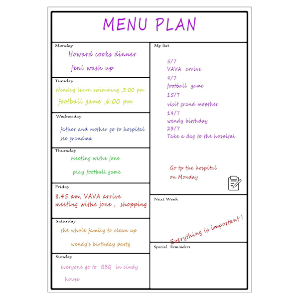 Magnetic Fridge Calendar - Weekly Planner for Family Meals, Shopping Lists, and Study Aids