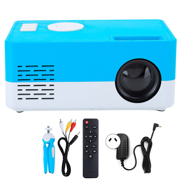 Mini bærbar projektor LED hjemmekino videomediespiller projektor med stativ 100‑240V hvit blå AU-plugg