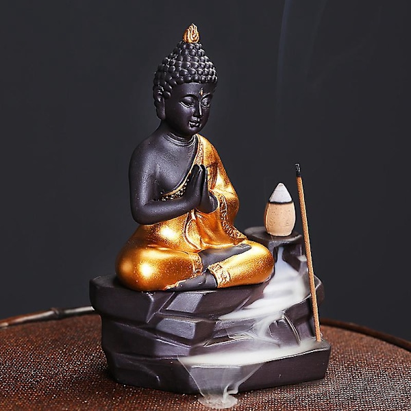 Gylden Buddha Tilbageflydende Røgelsebrænder med Kaskaderende Kegler Hjemmedekoration Statue Ornament Gave