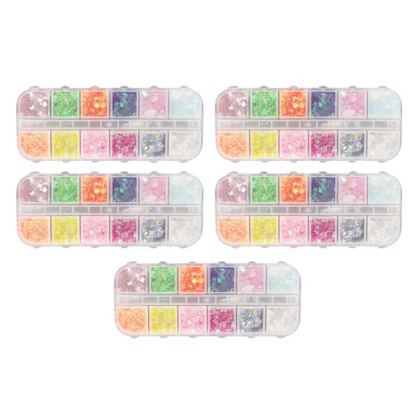 5 box fjärilsform nagelpaljetter 12 färger plast Luktfri Snygga delikata nagelglitter för ansikte axel