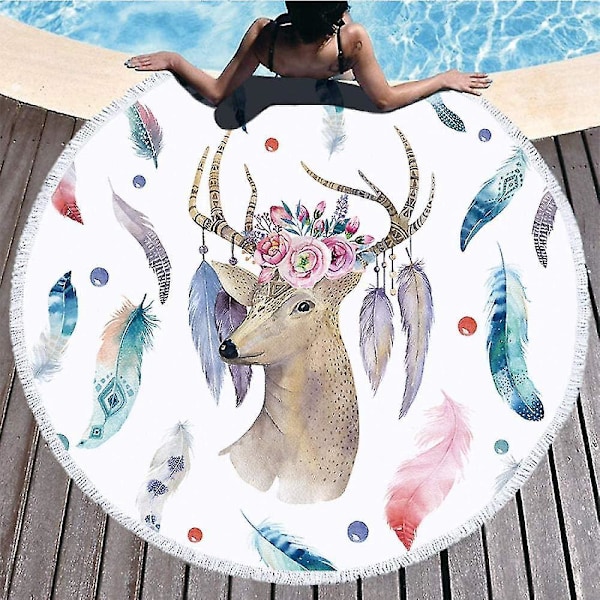 Strandhandduk 150 x 150 cm Tjock Överdimensionerad Rund Strandhandduk, Mikrofibertyg med Bomullstofsar Bohemisk Frans Tecknad Djur Blommig Älg Nyhet Pri