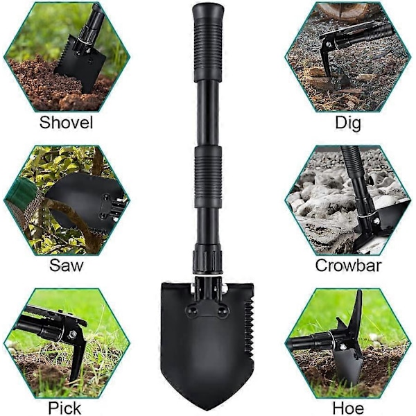 Mini Foldeskammel 40 cm, Multifunktionel Haveskovl Kulstofstål Overlevelsesskovl med Bæretaske til Camping, Vandreture, Udendørs Aktiviteter