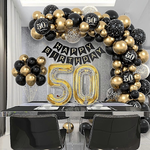 50-årsdekoration, 50-årsfestdekorationer för män och kvinnor, Grattis på födelsedagen girlang ballong svart guld dekoration