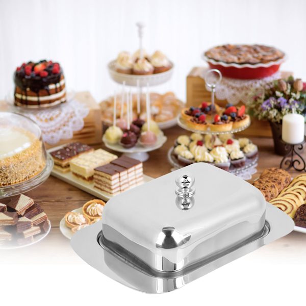 Rostfritt stål Smör Ost Skål Fack Box Mat Förvaring Dessert Container Keeper med lock