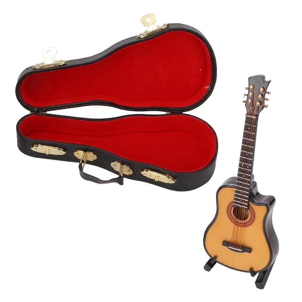 Miniatyr elgitarr modell i lindträ och metall, mini musikinstrument prydnader 13 cm Cutaway-gitarr
