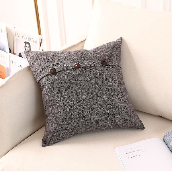 Firkantede Dekorative Putetrekk Rustikk Stil Lin Dekorative Putetrekk med Dekorative Knapper for Sofa Soverom Hjem Mørk Grå 45X45CM, 2 Stykker