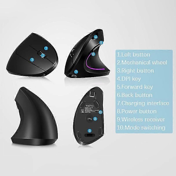 Ergonomisk Vertikal Mus 2.4g Usb Trådløs Gaming Mus Computermus Med Lys