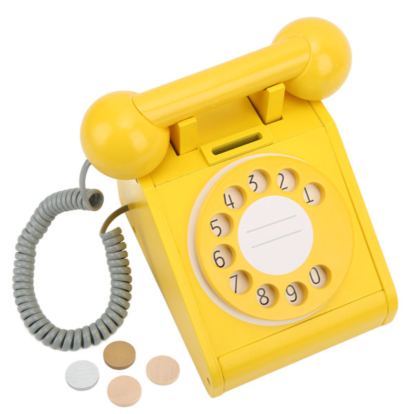 Simuleringstelefon för barn Rosa gammaldags vridbar urtavla telefon Retrodesign Träsimulering Retro urtavla Telefon Gul