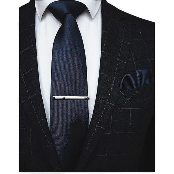Blå silkekypert slipssett for menn med knyteklemme og firkantet lomme, 4 stk