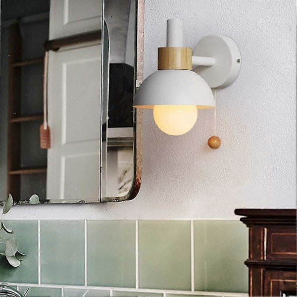 Modern Vägglampa, Vägglampa i Järn och Trä med Dragströmbrytare, E27 Rund Vägglampa, Sänglampor, Läslampor, Belysning för Sovrum Vardagsrum, Vit