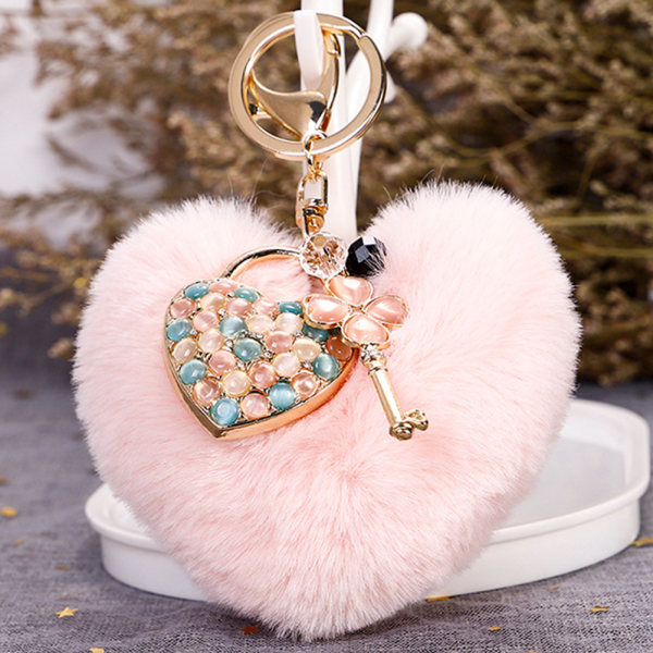 Nøglering Fluffy hjerteformet pels bold nøglering Pink taske hængende dekorativt tilbehør