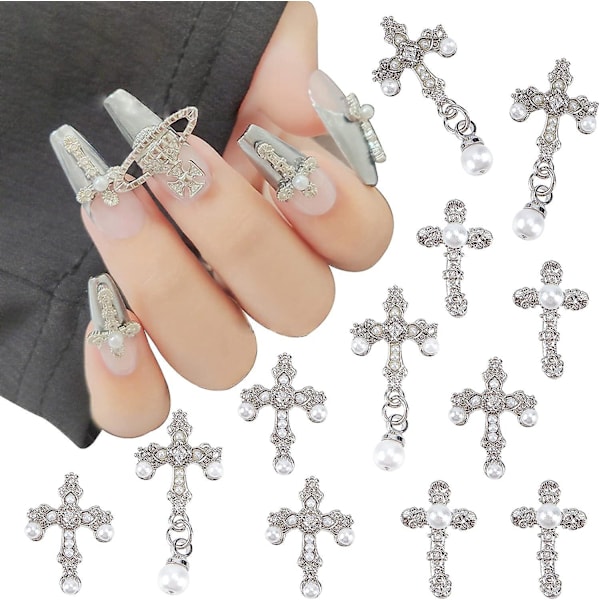 10-delad crossover nagelkonst berlocker set: 5 stilar, 3D stora nageljuveler med pärlor, antika blandade storlekar strass