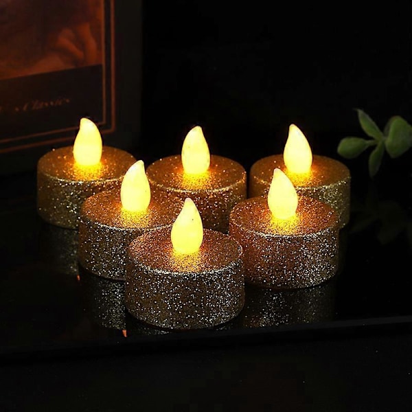 12-pack Guld Värmeljus Batteridrivna med Inbyggd 6/18 Timer, Orange Flamlösa Ljus Fladdrande för Halloween Dekorationer, Pumpa Dekor Ljus