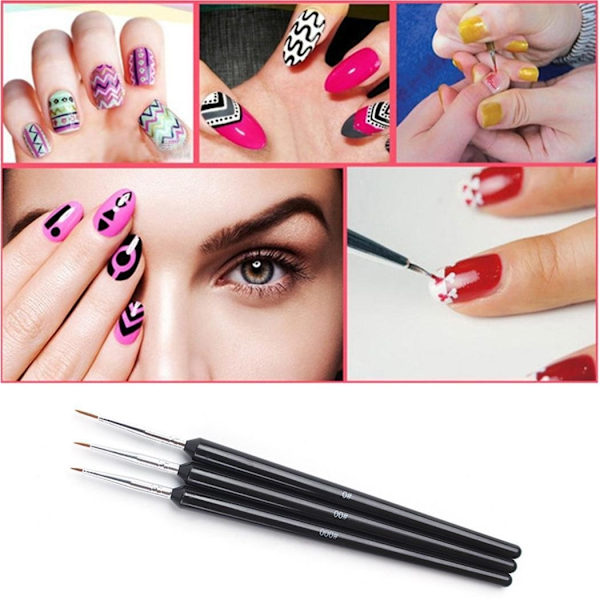 3 st Acrylic Nail Art Liner Målningsritning Pensel Verktyg Set Kit