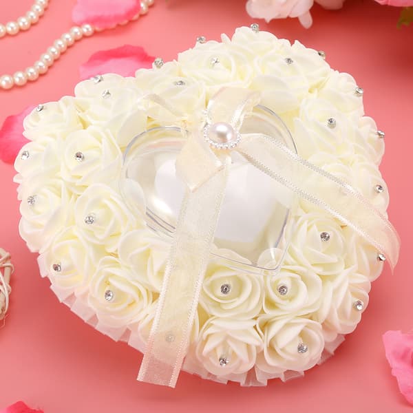 Romantisk hjerteformet gifteringboks Rose Rhinestone dekor ringpute (beige)