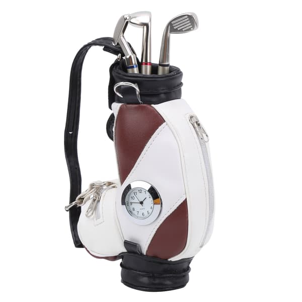 Mini Skrivbords Golfbag Pennklocka Zinklegering PU Läder med Golfpennor Souvenirset Present Brun Vit