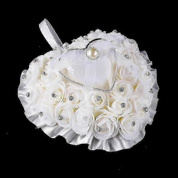 Rosblomma Rhinestone Hjärtformad Satin Rosett Ringbox Kudde Bröllopsgåva-zzy