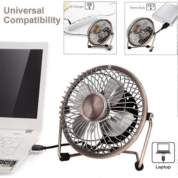 Mini USB Skrivebordsvifte Fleksibel 360 Rotasjon Kjølende Bordvifte med USB Metallskall Stille 4 Tommer for Hjemmekontor Laptoper PC Datamaskin Bronse