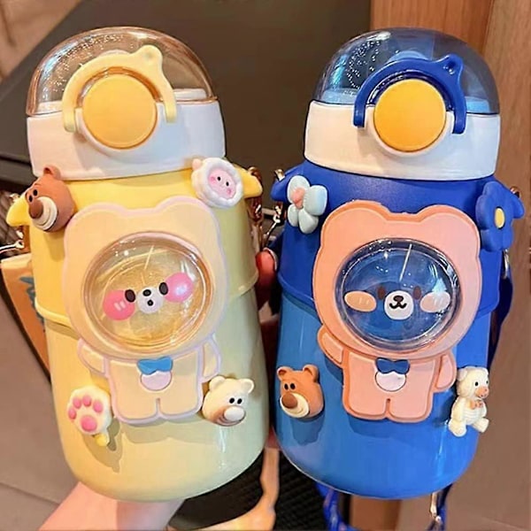 Kawaii Vannflaske med Sugerør, Søte Vannflasker med 3D Kawaii Klistremerke, Rustfritt Stål Vannflaske 600ml (Blå)