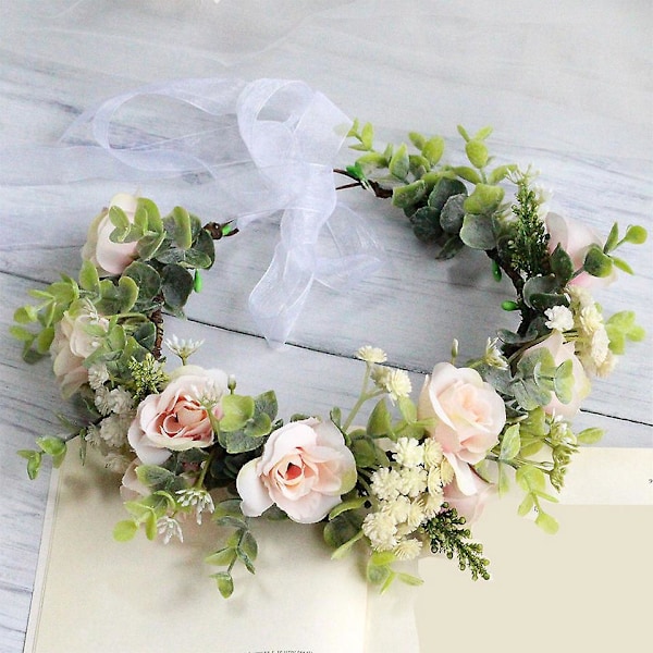 Rosa Blomster Baby's Breath Bryllupskrone Kunstig Hodeplagg Grønt Halo for Bruder