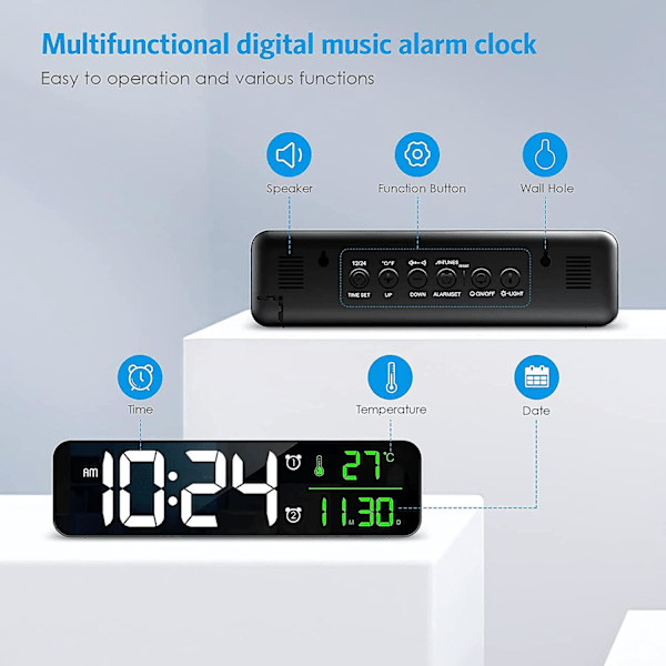 Stor Skärm Digital Klocka, Senaste 10,5 Tums Digital Klocka för Vardagsrum, Temperatur- och Datumvisning, LED Spegelklocka, 40 Musikstycken, 2 Alarmklockor