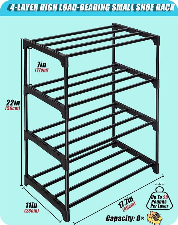 Small Shoe Rack - Stackable Small Shoe Rack - Multifunctional Metal Shoe Rack (Black 4 Tiers)