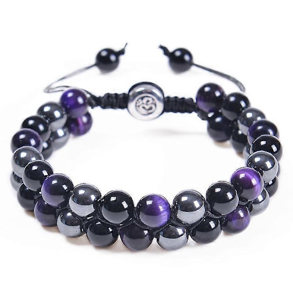 Naturligt Tigeröga Armband Herr 8mm Obsidian Armband Justerbart Dubbelt Lager Pärlarmband Lila Tigeröga+Svart Magnetit+Obsidian Armband