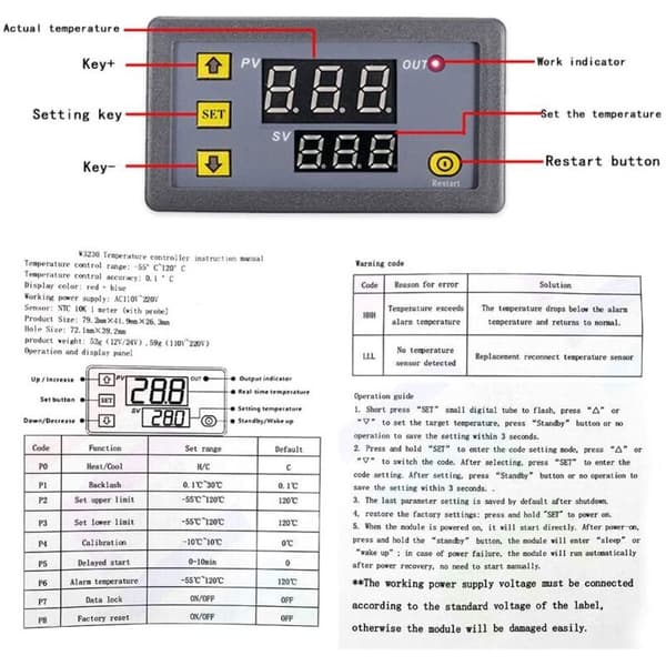 Stycke W3230 AC 110V-220V Digital Temperature Controller, 20A Digital Display Thermostat Control Switch with 10K NTC Sensor Probe White