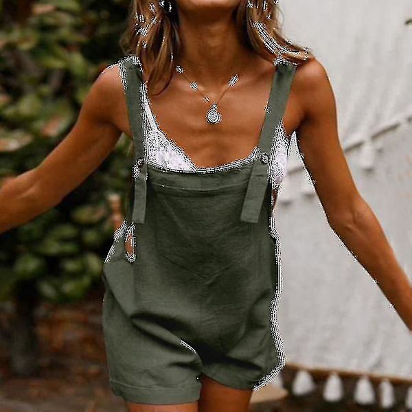 Ærmeløs bomuldslinned kvinders jumpsuit shorts S grøn