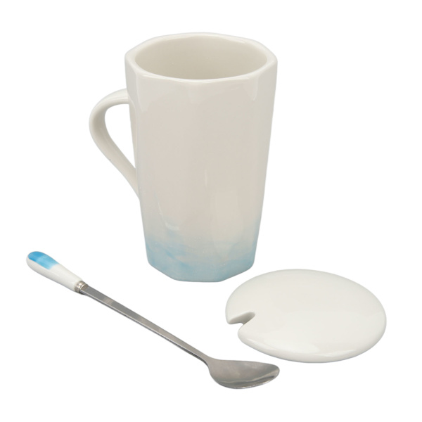 400 ml keramisk krus med blækstil, kaffekrus i keramik med ske og låg til hjemmet/kontoret, cyan