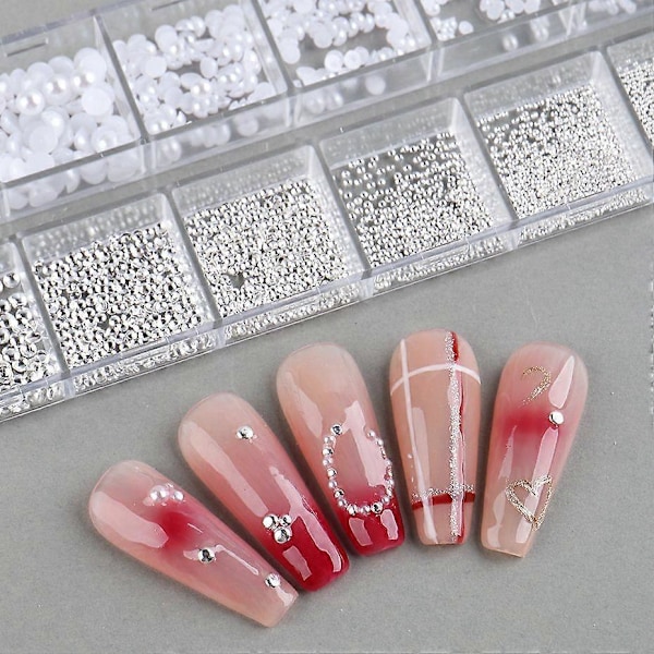 Vit Box 3D Nagel Pärlor med Diamanter Blandade Storlekar Nagelkonst Dekorationer Skönhet Nagelberlocker för DIY Manikyr